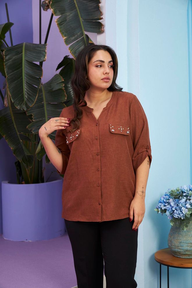 RMG Браон Неформална Кошуља Са Дугмадима И 3/4 Рукавима Велепродаја одеће скроман