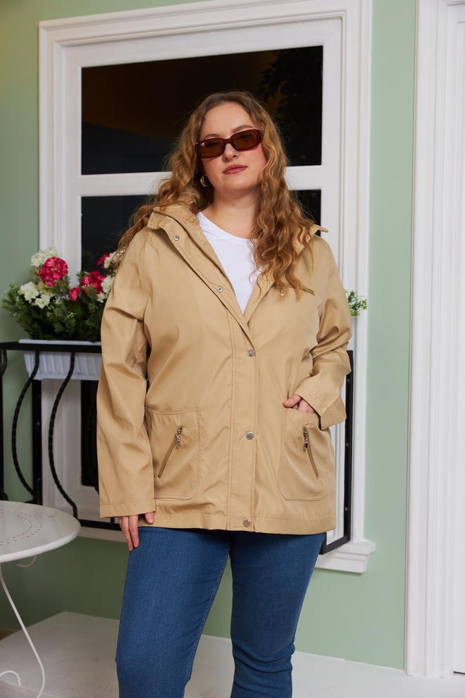 RMG Beige Hooded Casual Vintage Trenchcoat Wholesale Clothing Plus Size
