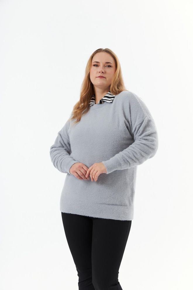 RMG Grey Plus Size Polo Neck Casual Blouse Wholesale Clothing Plus Size