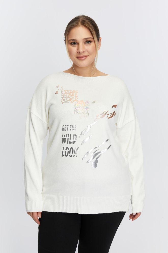 RMG Plus Size Boat Neckline Leopard Pattern Printed Sweater Ecru Wholesale Clothing Plus Size