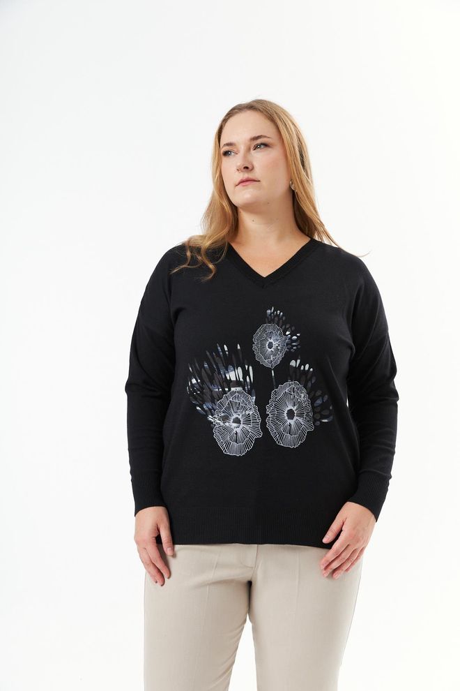 RMG Chemisier Noir Floral Avec Col En V Et Manches Longues Droites Vêtements en gros Grande taille