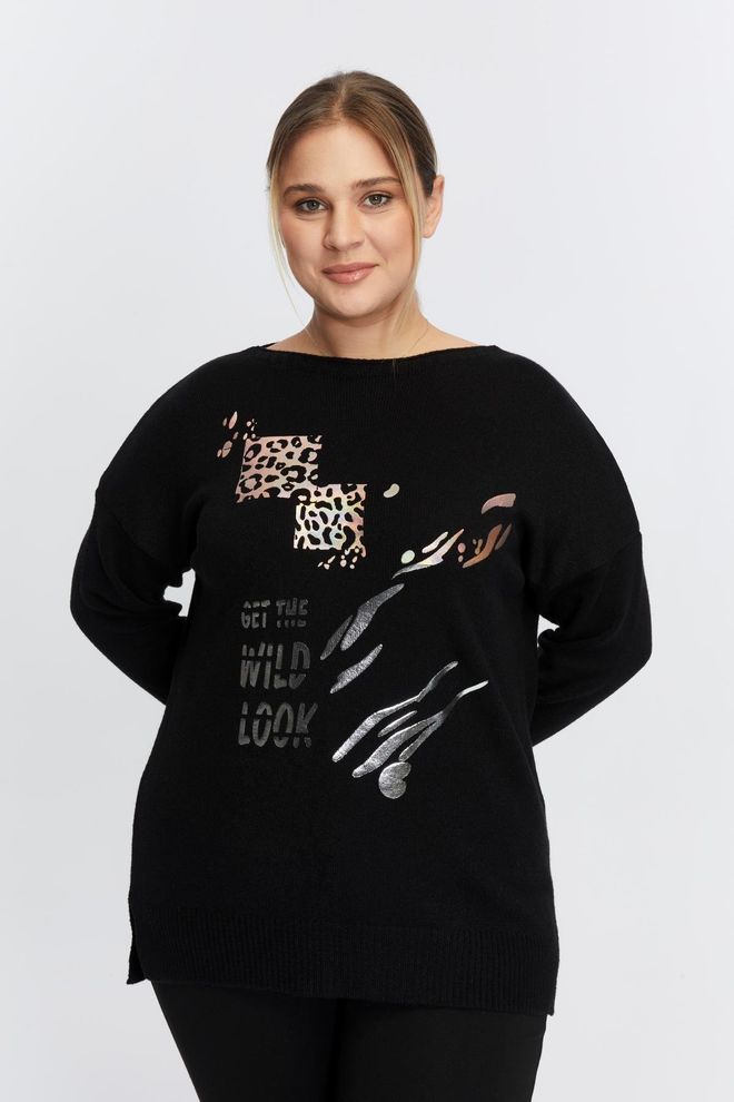 RMG Black Plus Size Animal Letter Print Sweater Wholesale Clothing Plus Size