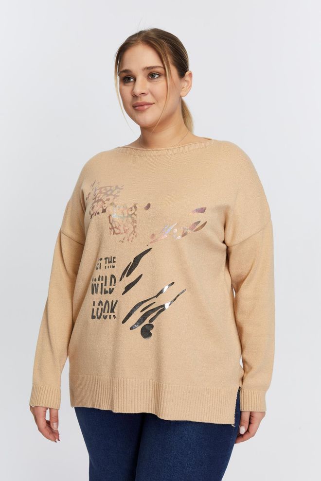 RMG Beige Casual Plus Size Oversized Sweater Wholesale Clothing Plus Size