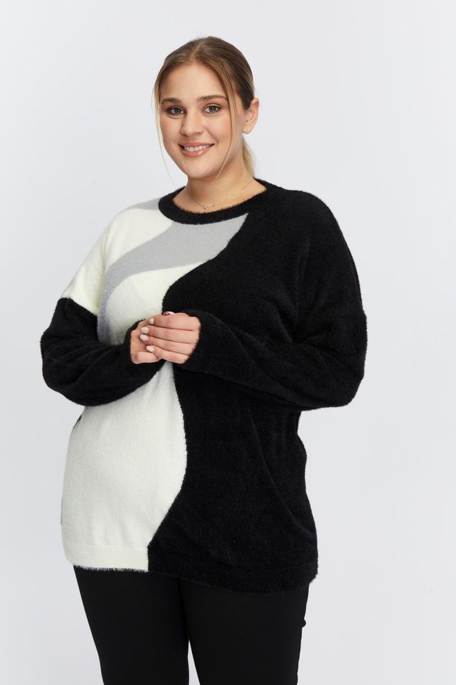 RMG Black Color Block Oversized Sweater Wholesale Clothing Plus Size