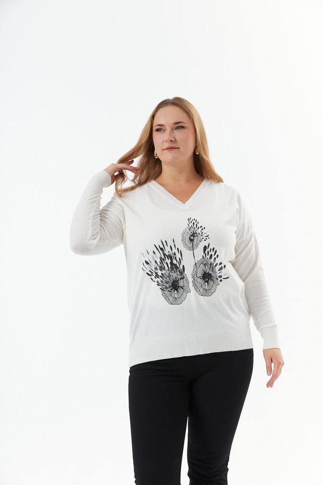 RMG Pull Imprimé À Col En V En Cachemire Mélangé Grande Taille Écru Vêtements en gros Grande taille