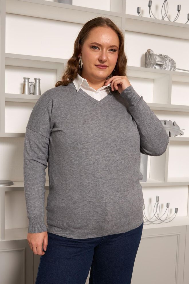 RMG Jersey Gris Oversize Con Cuello En V Estilo Casual Ropa al por mayor Talla grande