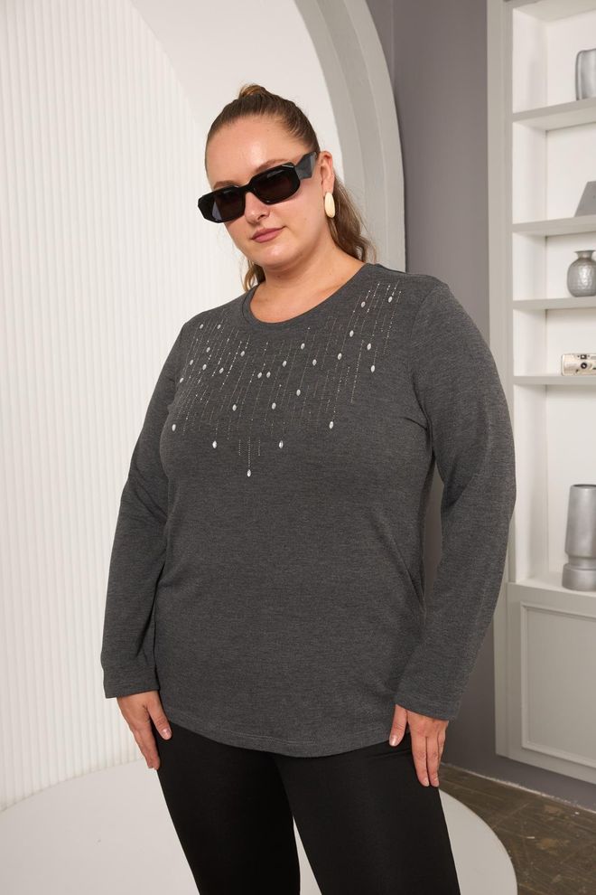 RMG Γκρι Μπλούζα Plus Size Με Sequined Λεπτομέρειες Χονδρικό εμπόριο ενδυμάτων Μεγάλα μεγέθη