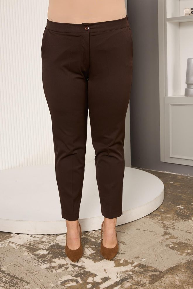 RMG Brown Tapered Carrot Pants With Welt Pockets Wholesale Clothing Plus Size