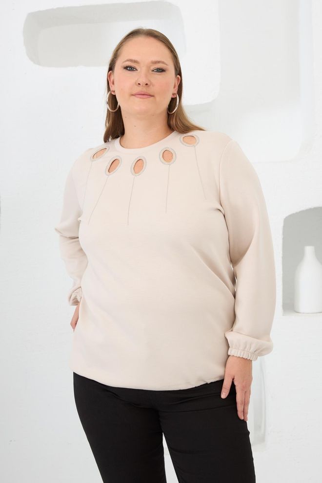 RMG Felpa Beige Taglia Forte Casuale Abbigliamento all'ingrosso Taglia forte