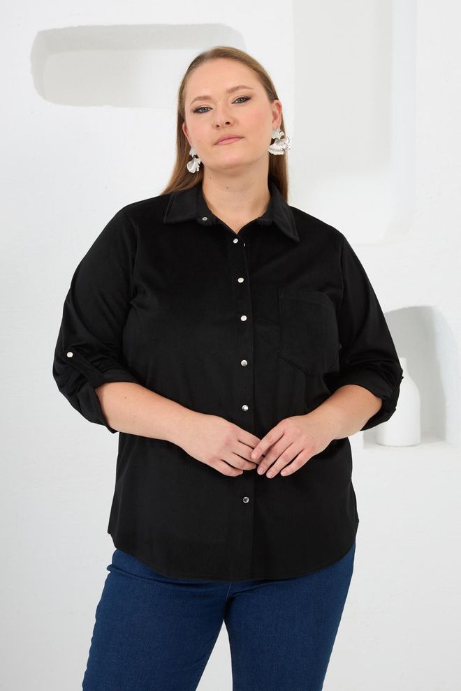 RMG Camisa Preta Tamanho Grande Com Gola Polo E Mangas 3/4 Roupas por atacado Tamanho grande