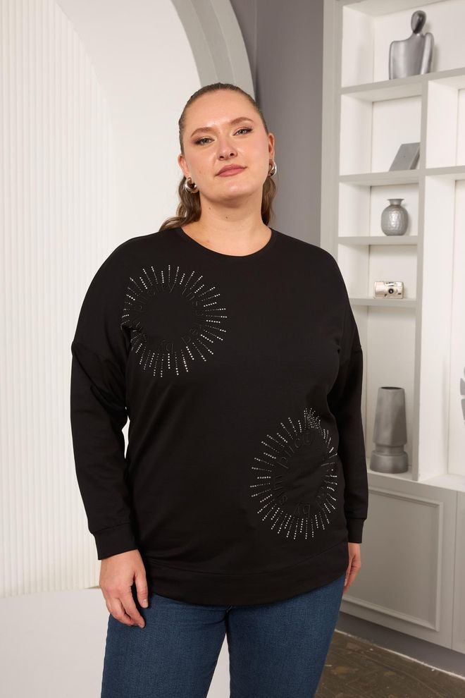 RMG Črna Oversized Pulover Z Okroglim Vratom Oblačila na debelo Velika velikost