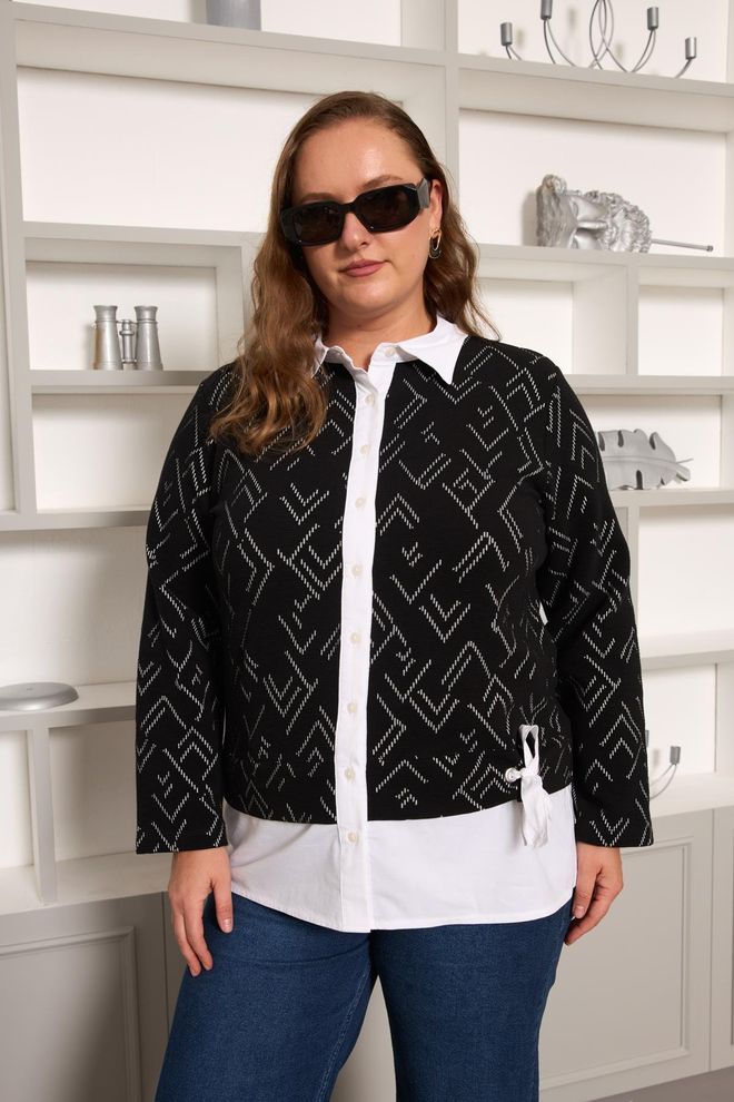 RMG Blusa Preto Tamanho Grande Casual Modesto Preppy Roupas por atacado Tamanho grande