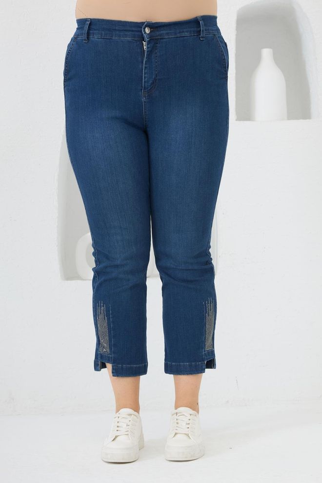 RMG Calças De Ganga Azul Casual Tamanho Grande Cintura Média Cortado Roupas por atacado Tamanho grande