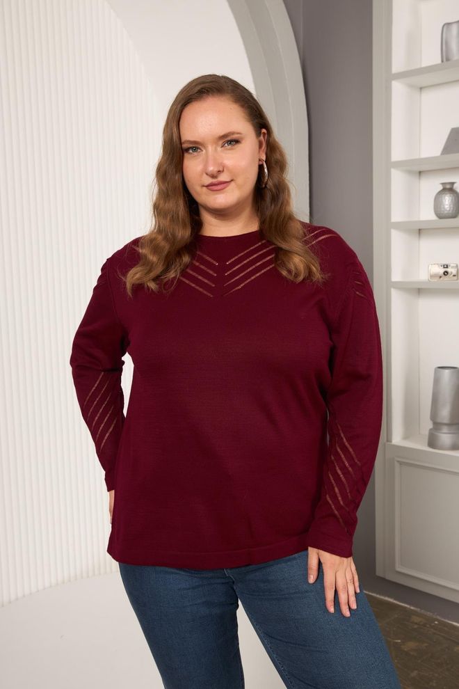 RMG Maglione Bordeaux Vestibilità Oversize A Strisce Girocollo Abbigliamento all'ingrosso Taglia forte