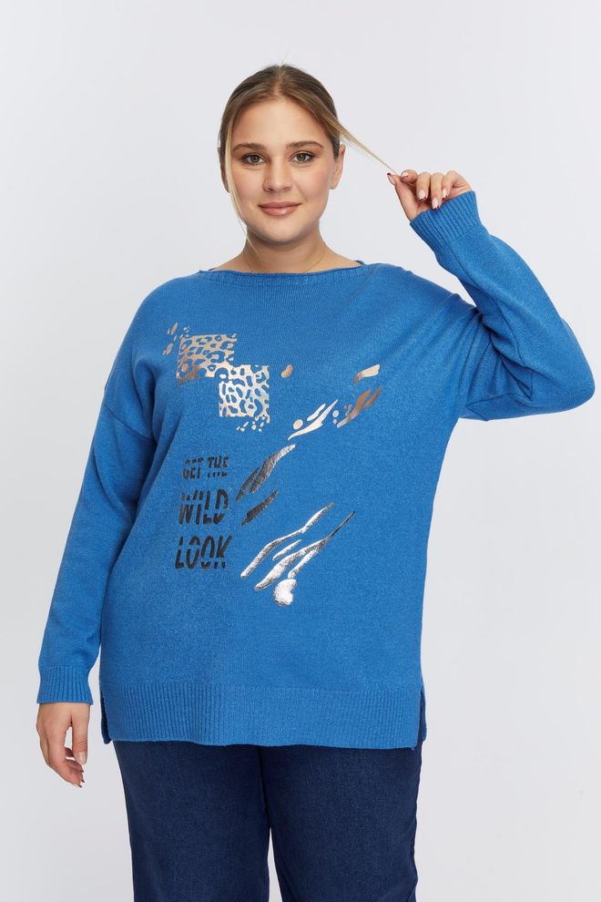 RMG Maglione Casual Blu Taglia Oversize Con Scollo A Barca Abbigliamento all'ingrosso Taglia forte