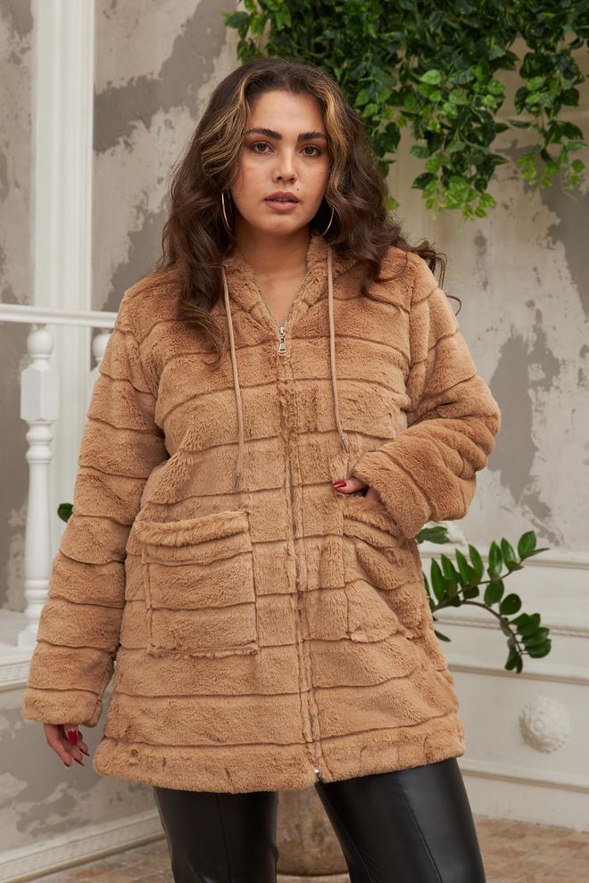 RMG Giacca Teddy Marrone Con Colletto Con Cappuccio Abbigliamento all'ingrosso Taglia forte