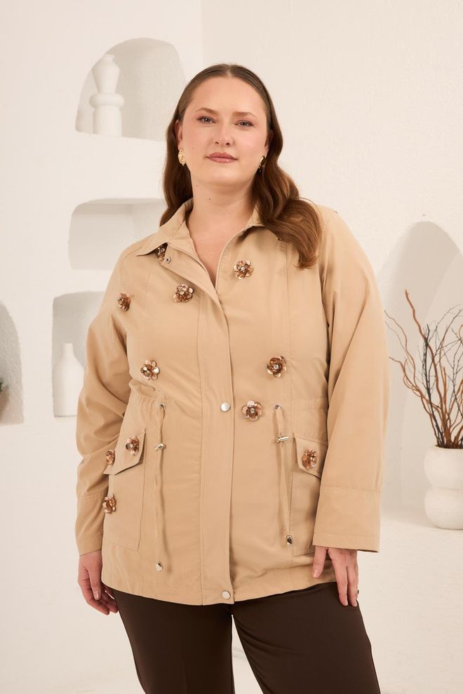 RMG Trenčkot Bež Velika Velikost Cvetlični Eleganten Enoprsni Oblačila na debelo Velika velikost