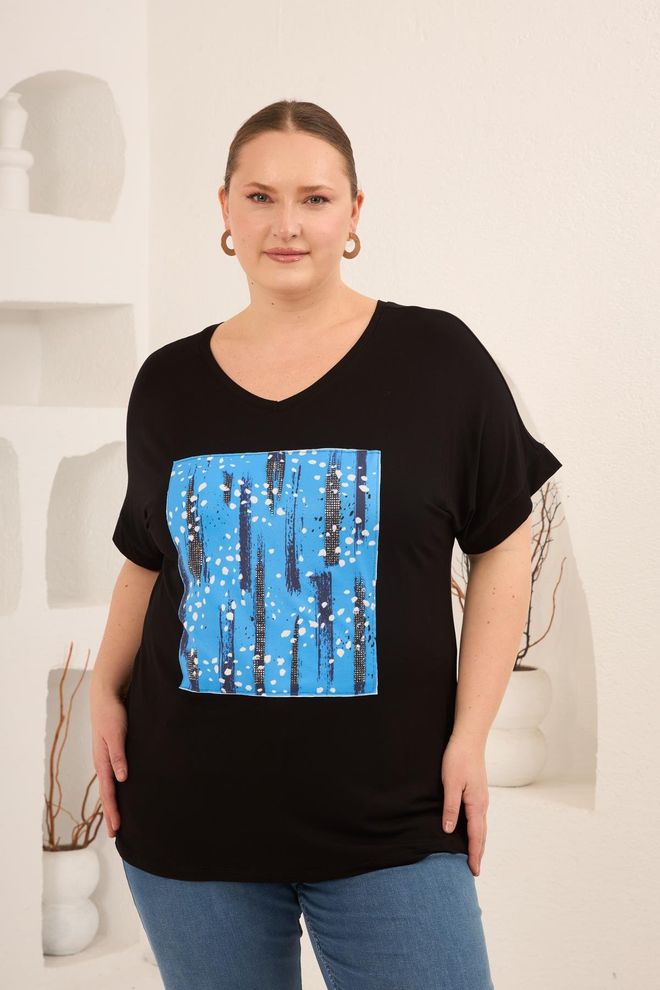 RMG Schwarz Plus Size Lässiges V Ausschnitt T Shirt Großhandelskleidung Plus Size