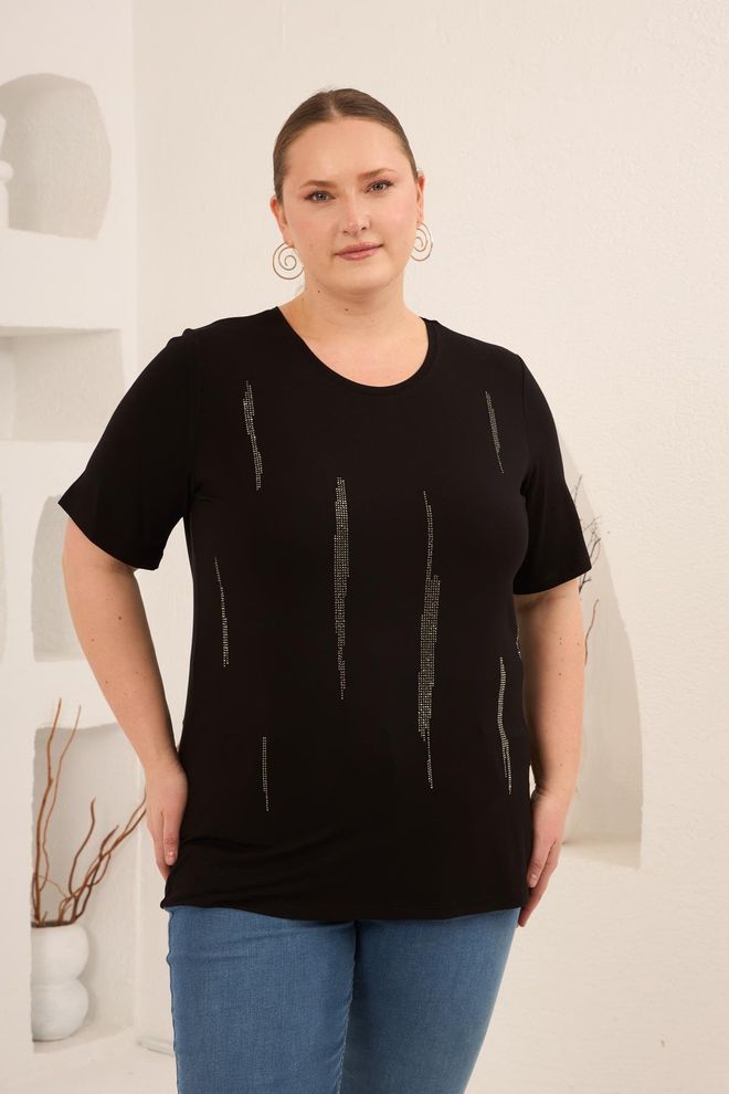 RMG Schwarz T Shirt Plus Size Gestreift Halbe Ärmel Normale Passform Großhandelskleidung Plus Size