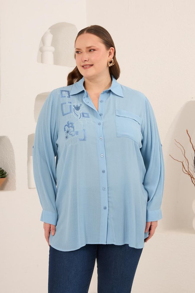 RMG Μπλε Πουκάμισο Μεγάλα Μεγέθη Casual Με Notched Λαιμόκοψη Χονδρικό εμπόριο ενδυμάτων Μεγάλα μεγέθη