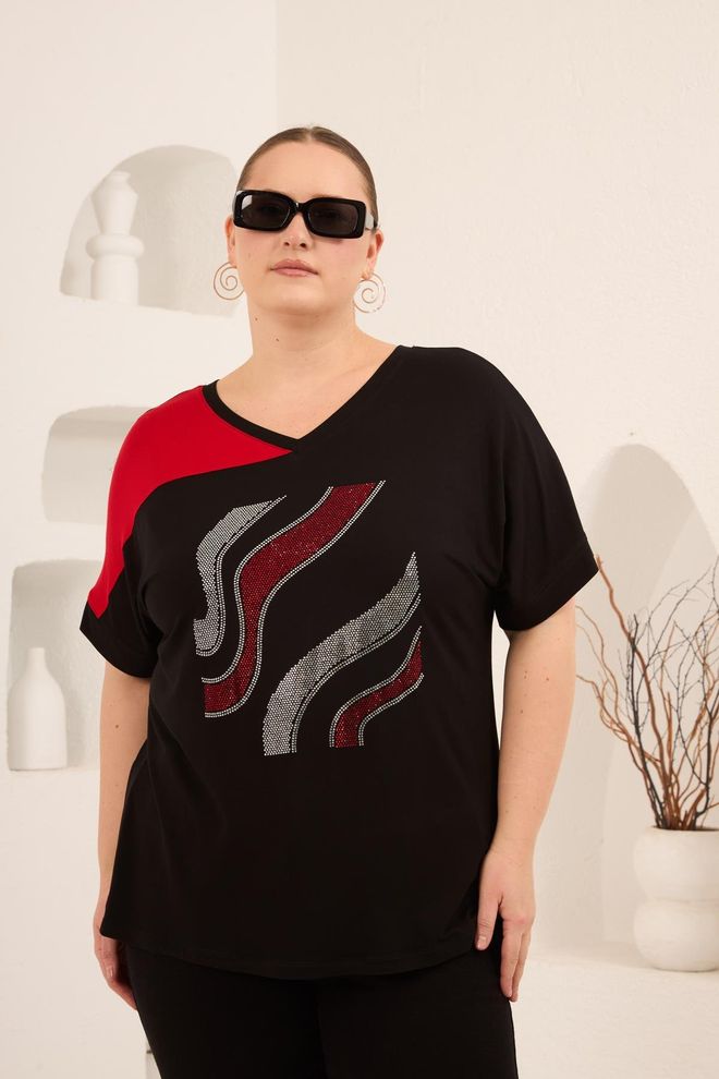 RMG Μαύρο T shirt Μεγάλα Μεγέθη Casual Με V Neck Και Μισό Μανίκι Χονδρικό εμπόριο ενδυμάτων Μεγάλα μεγέθη