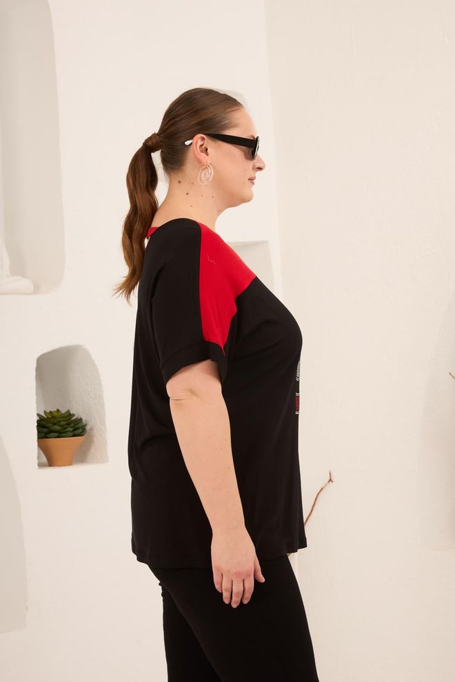 RMG Czarny Tshirt Plus Size Casual Z Dekoltem W Serek I Półrękawem Hurtowa sprzedaż odzieży 1