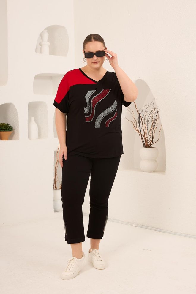 RMG Czarny Tshirt Plus Size Casual Z Dekoltem W Serek I Półrękawem Hurtowa sprzedaż odzieży Casual