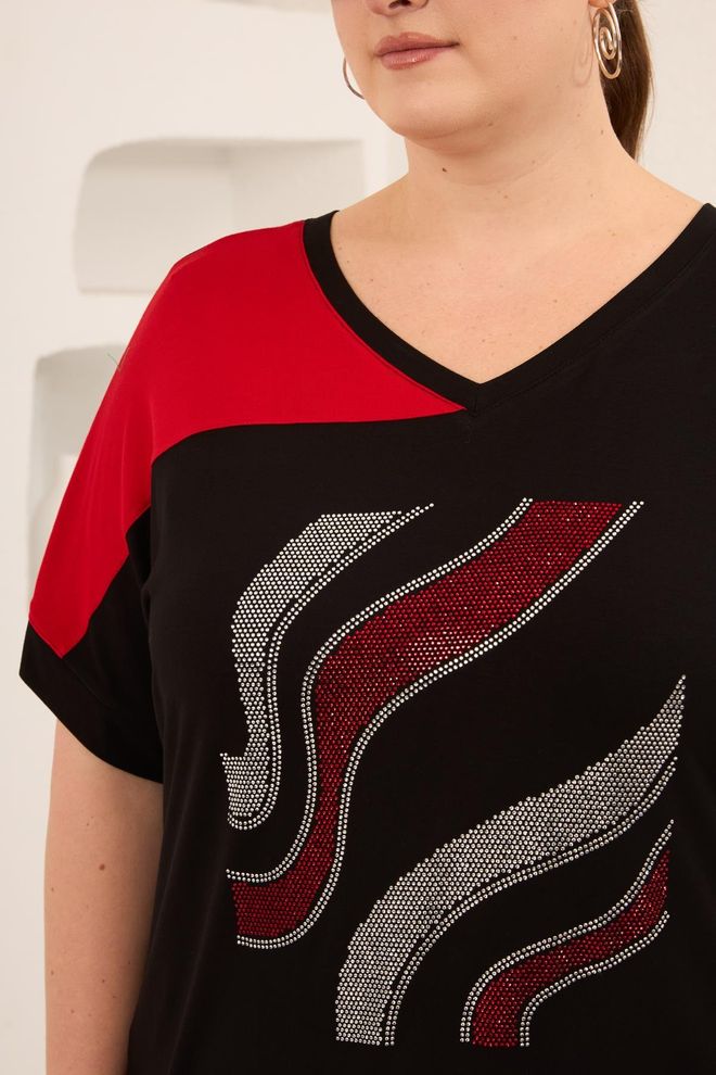 RMG Czarny Tshirt Plus Size Casual Z Dekoltem W Serek I Półrękawem Hurtowa sprzedaż odzieży Odpoczynek