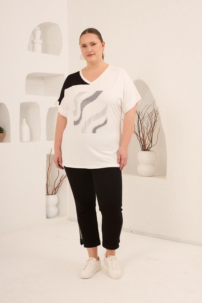 RMG Црн Плус Сизе Неформалан Мајица В изрез Пола Рукава Велепродаја одеће Неформалан