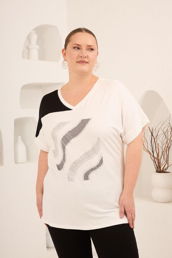 RMG Schwarz Plus Size Lässig T Shirt V Ausschnitt Halbe Ärmel Großhandelskleidung Plus Size