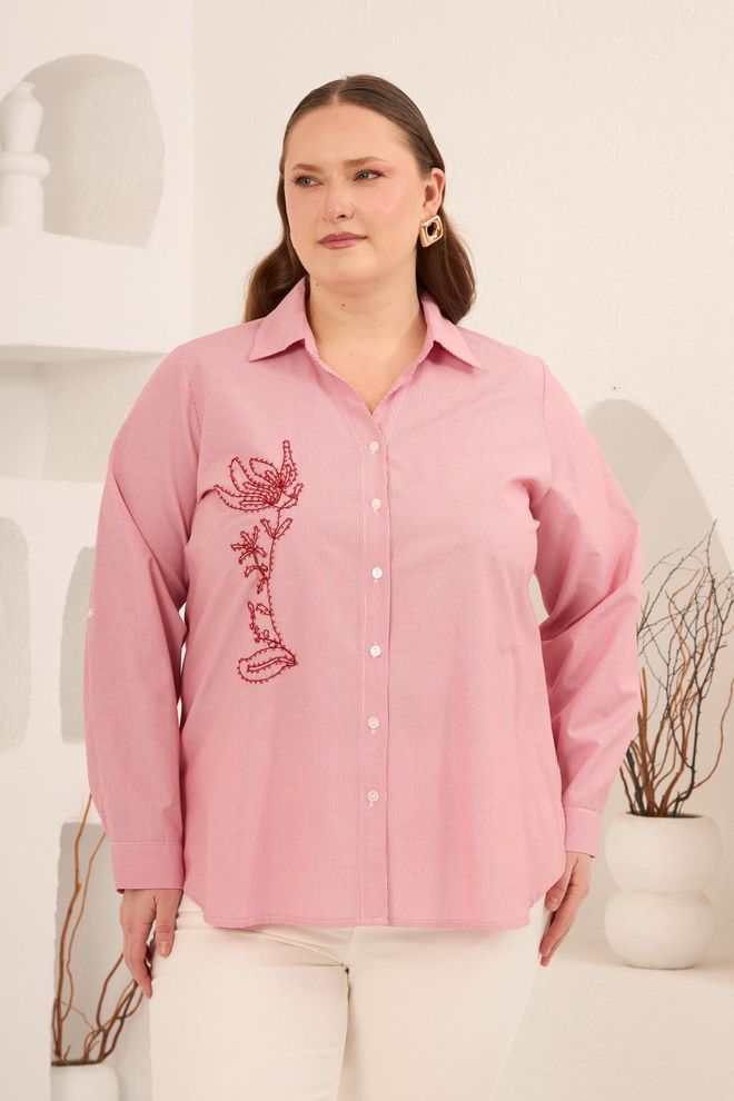 RMG Ροζ Πουκάμισο Σε Μεγάλα Μεγέθη Ρετρό Με Λουλούδια Χονδρικό εμπόριο ενδυμάτων Μεγάλα μεγέθη