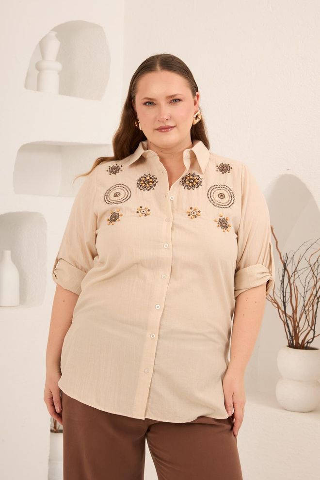 RMG Μπεζ Πουκάμισο Μεγάλα Μεγέθη Casual Ethnic Με Κουμπιά Χονδρικό εμπόριο ενδυμάτων Μεγάλα μεγέθη