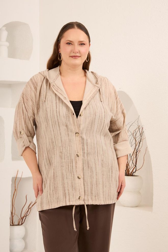 RMG Μπεζ Μπουφάν Πουκάμισο Με Κουμπιά Και Γιακά Με Κουκούλα Χονδρικό εμπόριο ενδυμάτων Μεγάλα μεγέθη