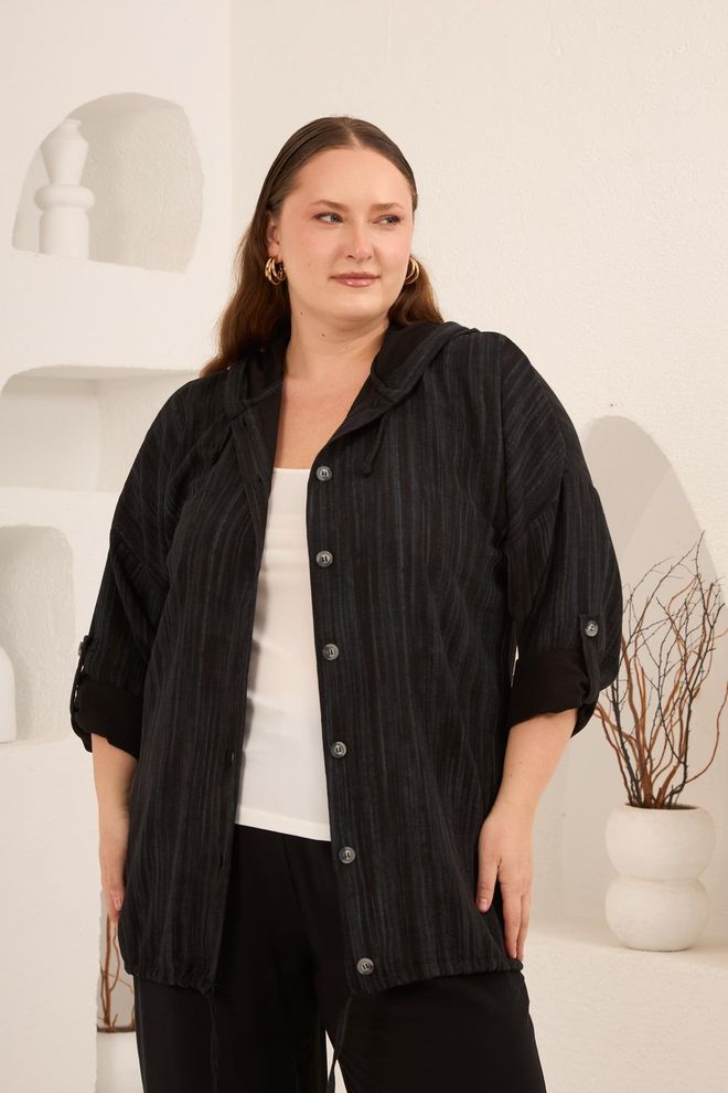 RMG Μαύρο Μπουφάν Με Μεγάλα Μεγέθη Ριγέ Και Κουμπιά Χονδρικό εμπόριο ενδυμάτων Μεγάλα μεγέθη