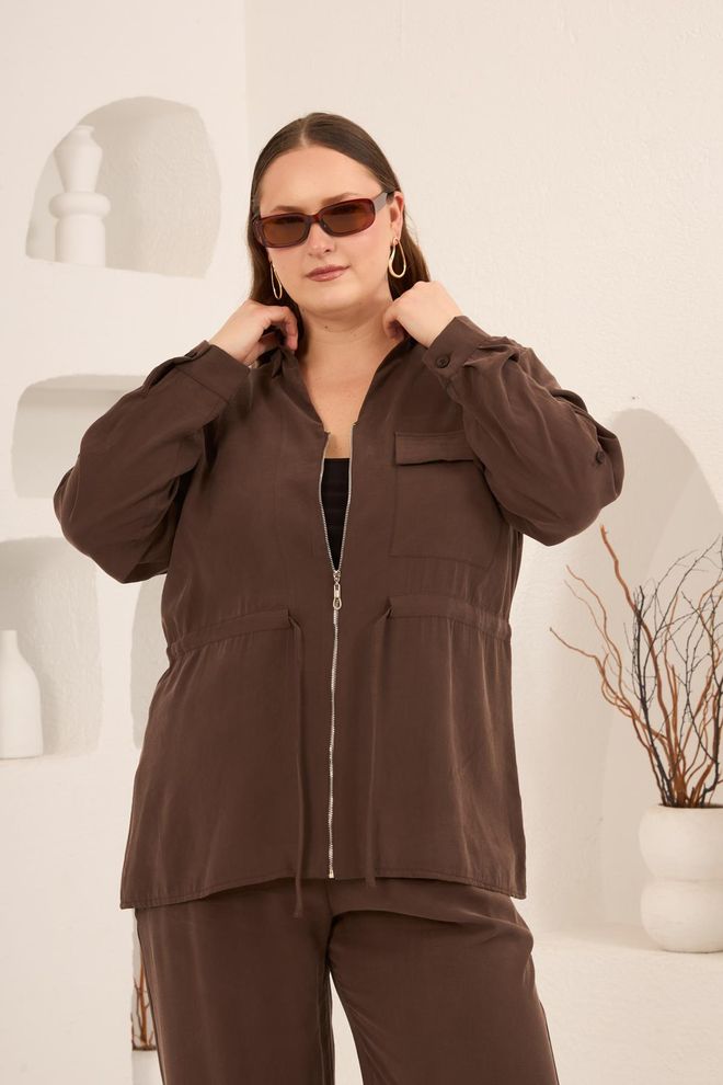 RMG Καφέ Plus Size Casual Overshirt Μπουφάν Χονδρικό εμπόριο ενδυμάτων Μεγάλα μεγέθη