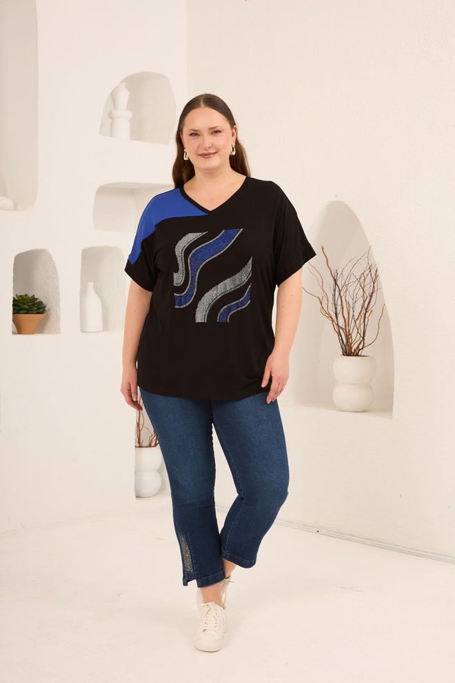 RMG Black Plus Size Tshirt With V Neck And Brush Stroke Wholesale Clothing Casual
