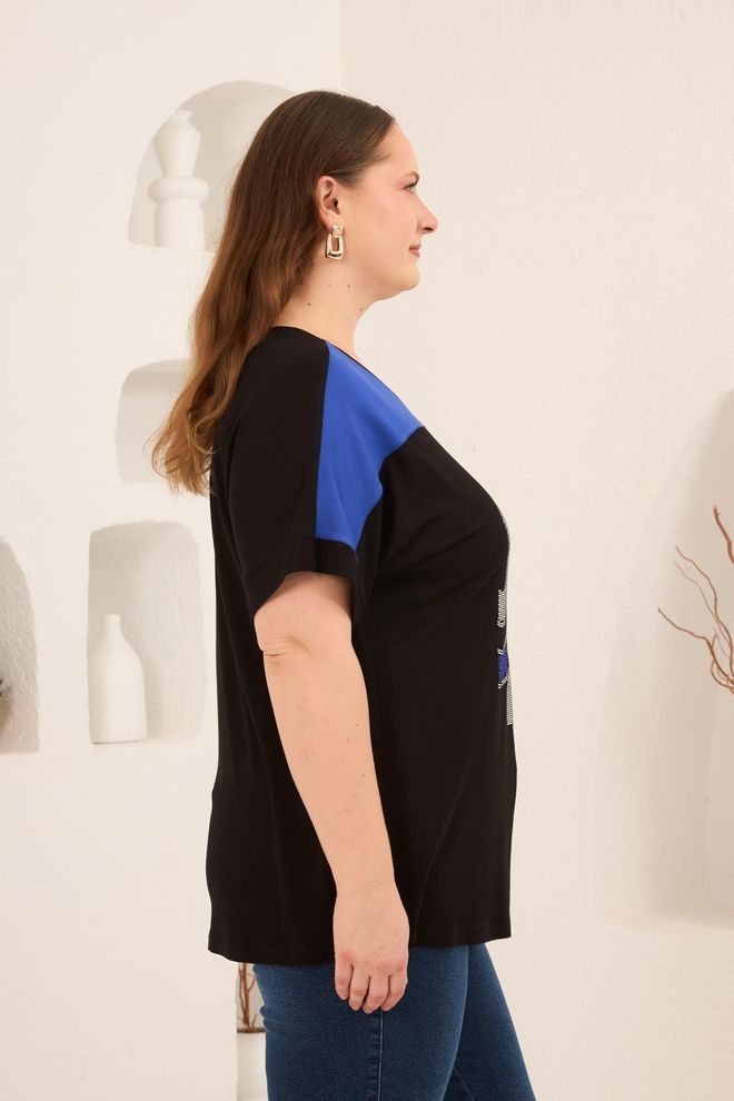 RMG Black Plus Size Tshirt With V Neck And Brush Stroke Wholesale Clothing 1