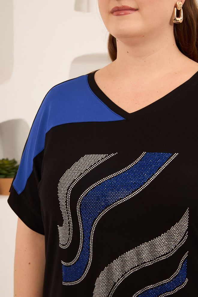 RMG Black Plus Size Tshirt With V Neck And Brush Stroke Wholesale Clothing Lounge