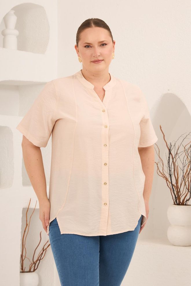 RMG Μπεζ Απλή Μπλούζα Σε Μεγάλη Διάσταση Με Γιακά Grandad Χονδρικό εμπόριο ενδυμάτων Μεγάλα μεγέθη