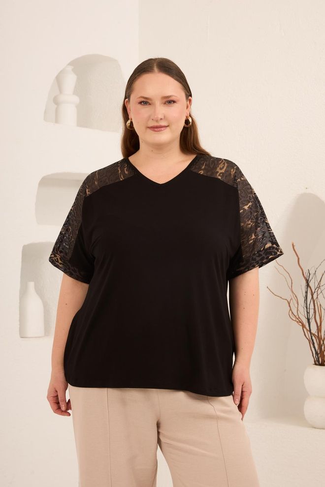 RMG Siyah Tişört Büyük Beden Gündelik V Yaka Yarım Kol Toptan Giyim Büyük Beden