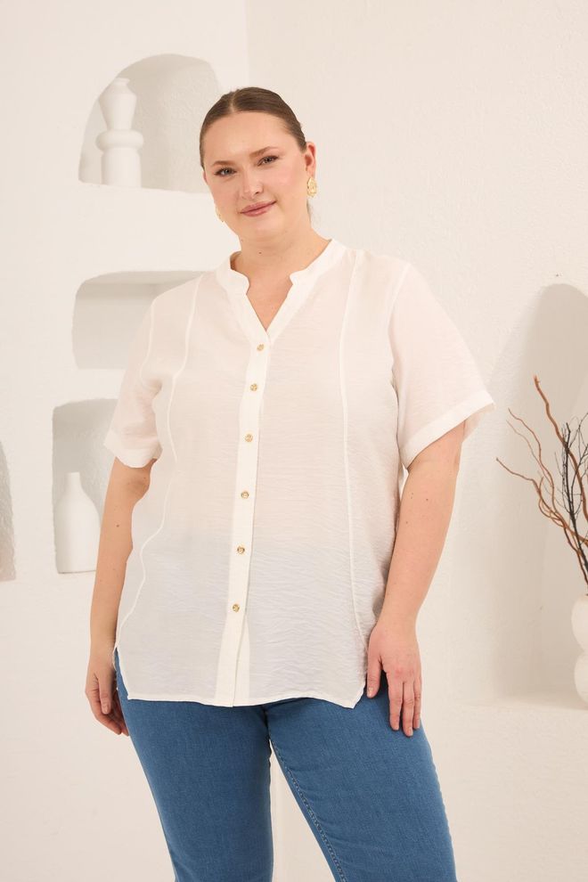 RMG Бела Скромна Блуза Великог Размера Са Грандад Огрлицом Велепродаја одеће Плус Сизе