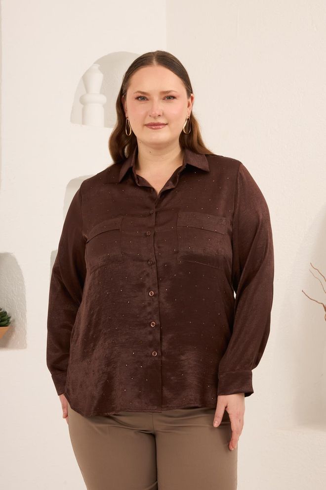 RMG Brown Elegant Plus Size Shirt Wholesale Clothing Plus Size
