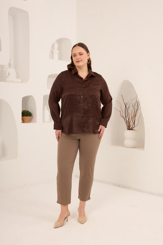 RMG Brown Elegant Plus Size Shirt Wholesale Clothing Spring
