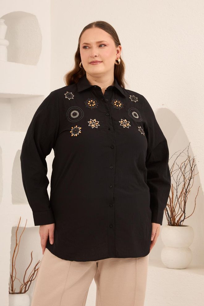 RMG Црна Плус Сизе Неформална Етничка Кошуља Са Цветним Узорком Велепродаја одеће Плус Сизе