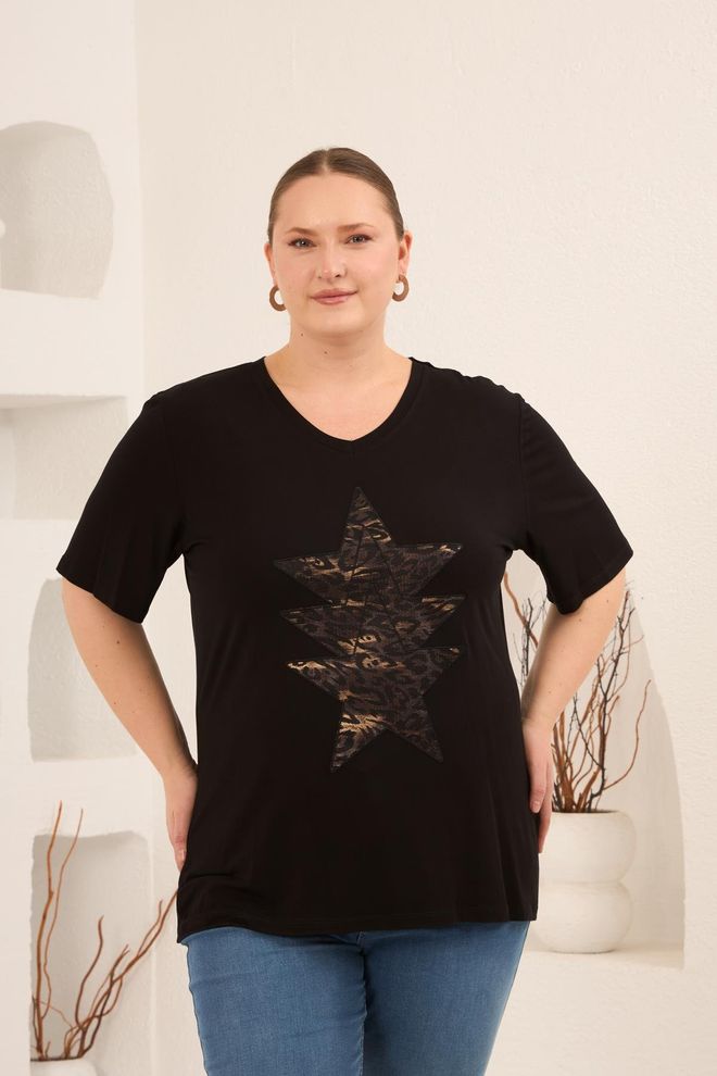 RMG Črna Ležerno Velika Velikost Majica S Kratkimi Rokavi V izrez Oblačila na debelo Velika velikost