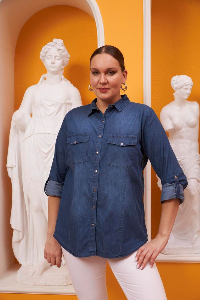 RMG Плава Кошуља Неформална Плус Сизе Рол крагна Дугачак Рукав Велепродаја одеће Плус Сизе