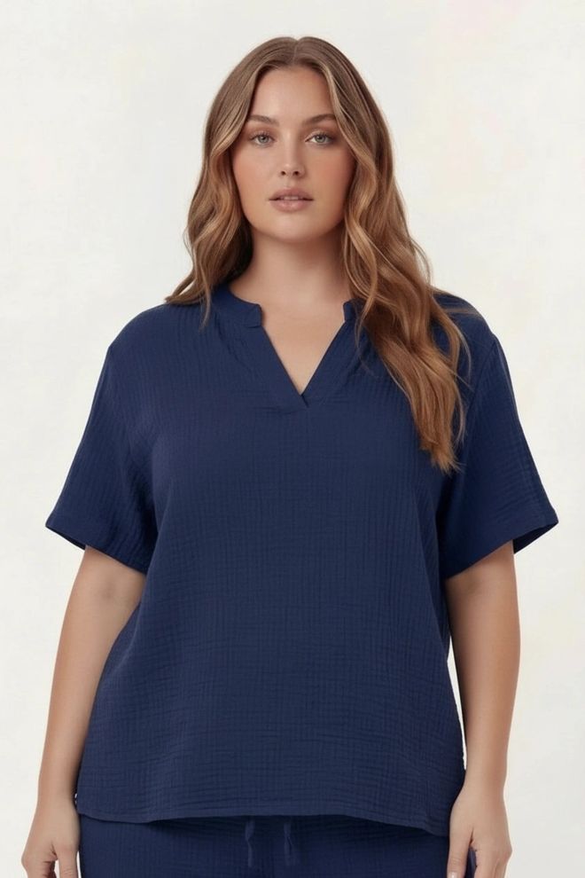 RMG Блуза Морнарско Плаво Плус Сизе Неформалан Скроман Велепродаја одеће Плус Сизе