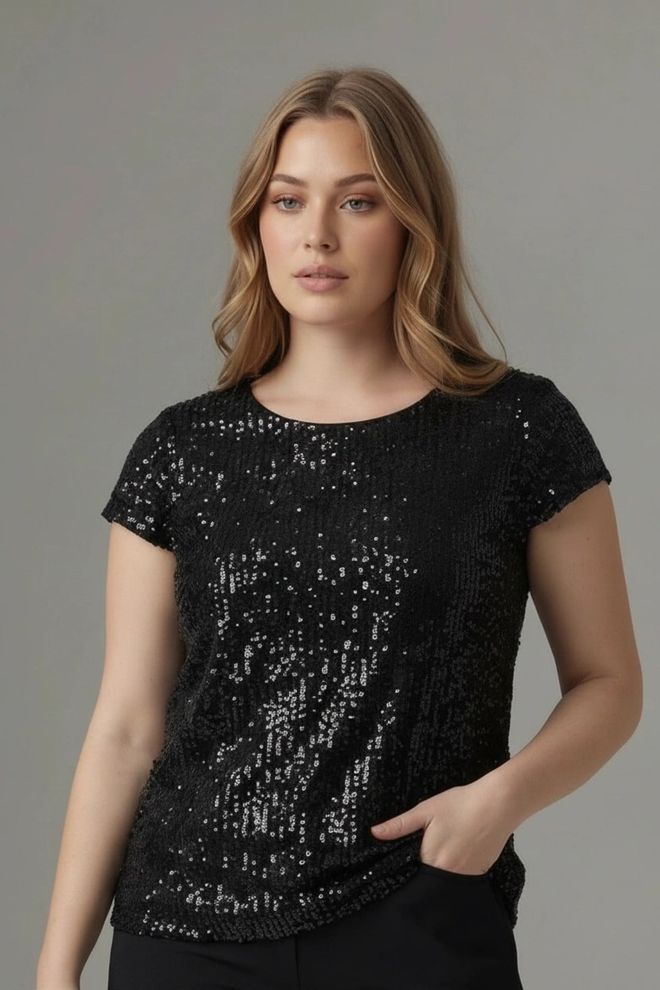 RMG Црна Плус Сизе Блуза Са Сјајним Детаљима Велепродаја одеће Плус Сизе