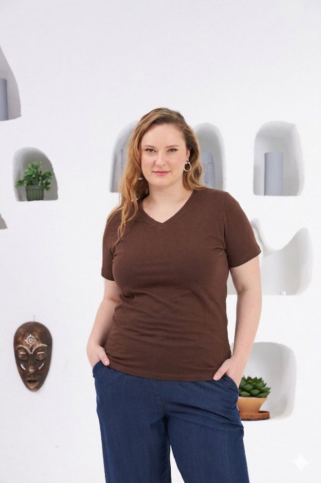 RMG Brown Casual Plus Size Tshirt With V Neck Wholesale Clothing Plus Size