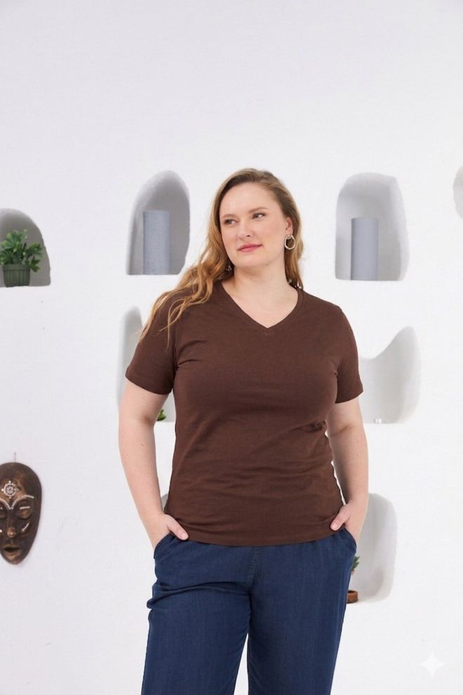 RMG Brown Casual Plus Size Tshirt With V Neck Wholesale Clothing Lounge